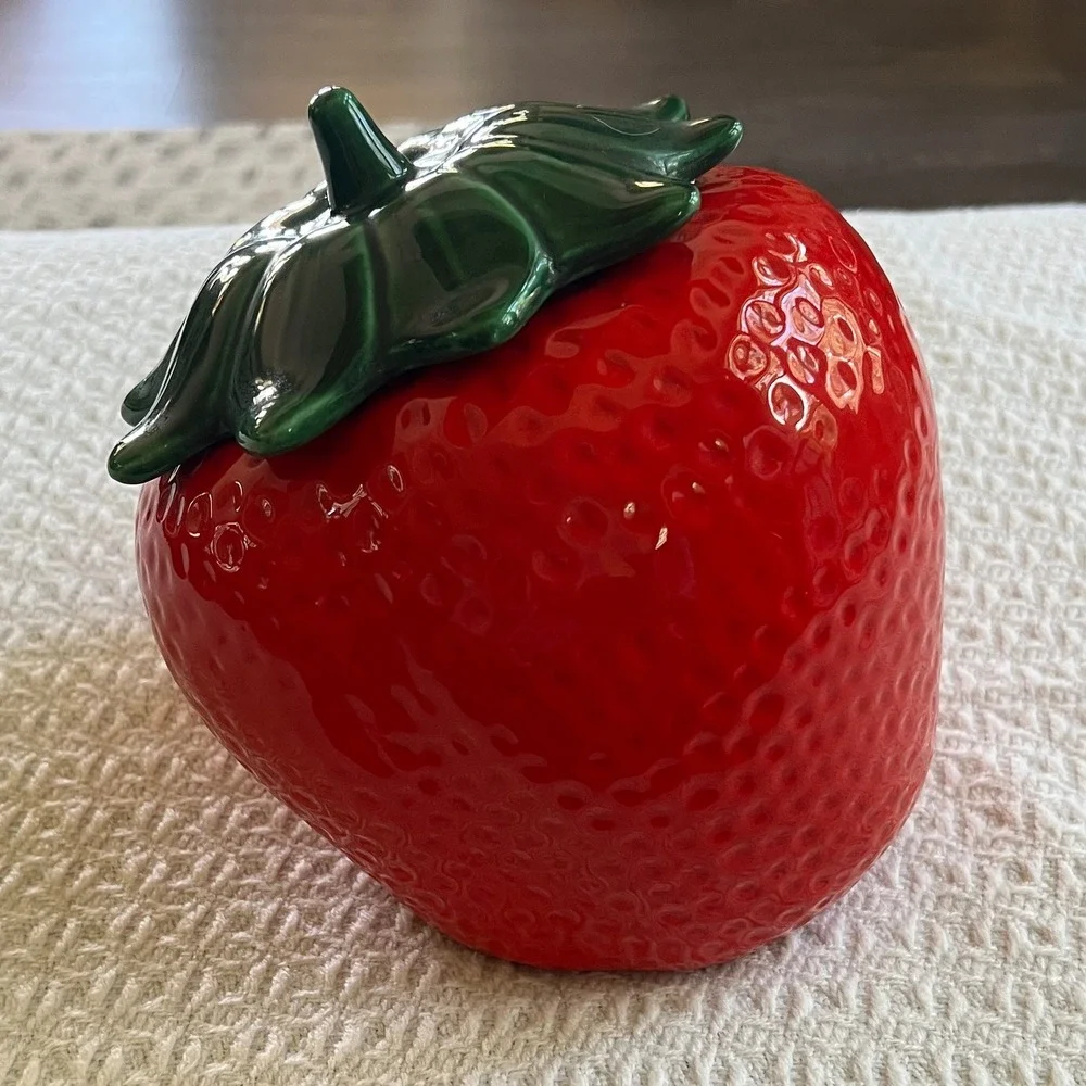 Vintage Ceramic Strawberry Lidded Jar Red Green Fruit Canister Cottagecore Decor